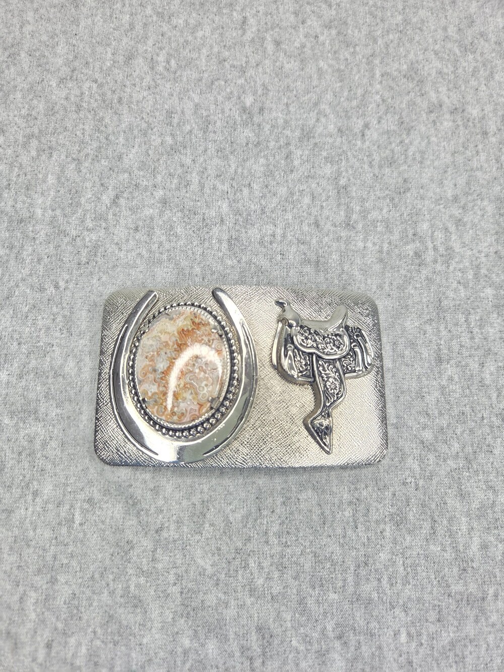 Vintage Crazy Lace Agate Belt Buckle 3D Saddle Horseshoe Southwestern Womens